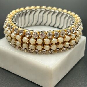 Gorgeous! Vintage Airflex bracelet rhinestones pearl gold silver tone #154